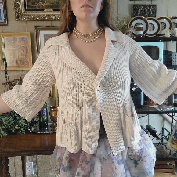 100% Cotton Heavy Knit Sweater Jacket | Cardigan | Ivory Colored | Bell Sleeves - Picture 2 of 11
